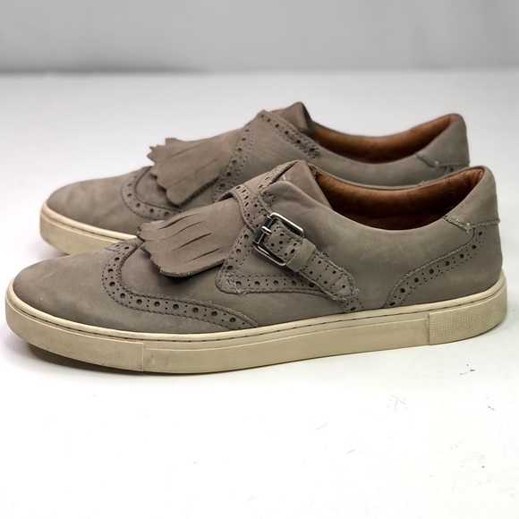 Frye Gemma Keltie sneakers grey nubuck suede fringe buckle wingtip size 9 - Picture 4 of 10